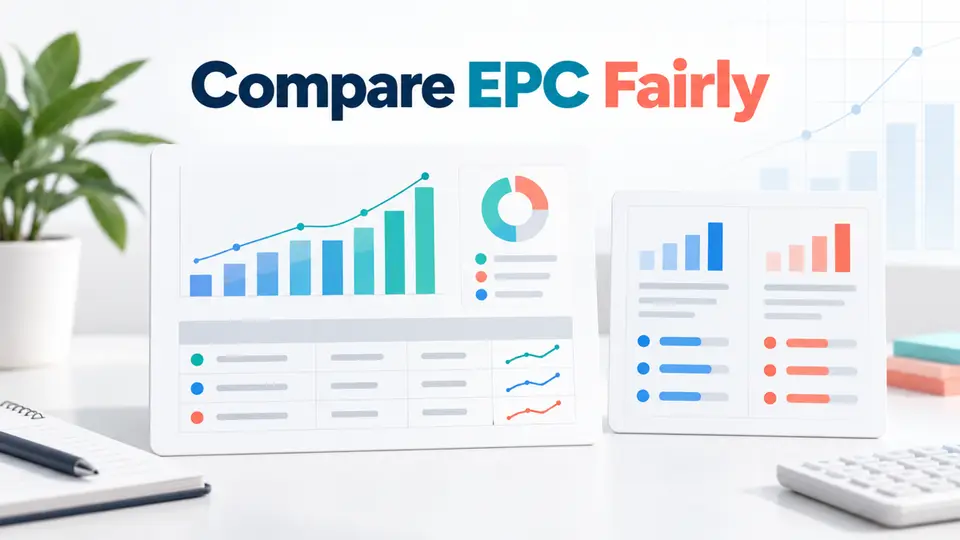 Affiliate EPC comparison worksheet aligning clicks, dates, earnings status and sample size