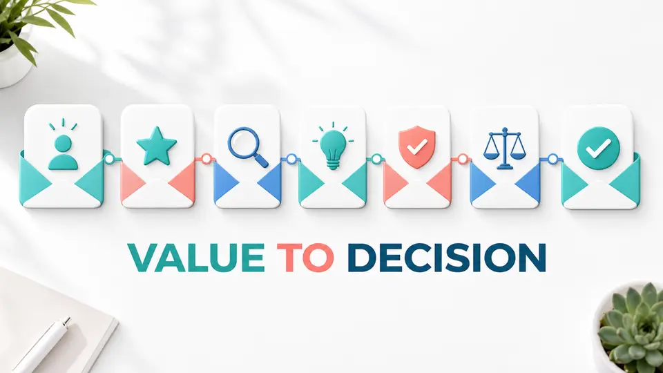 Seven-email affiliate sequence flow from welcome and value to decision and review