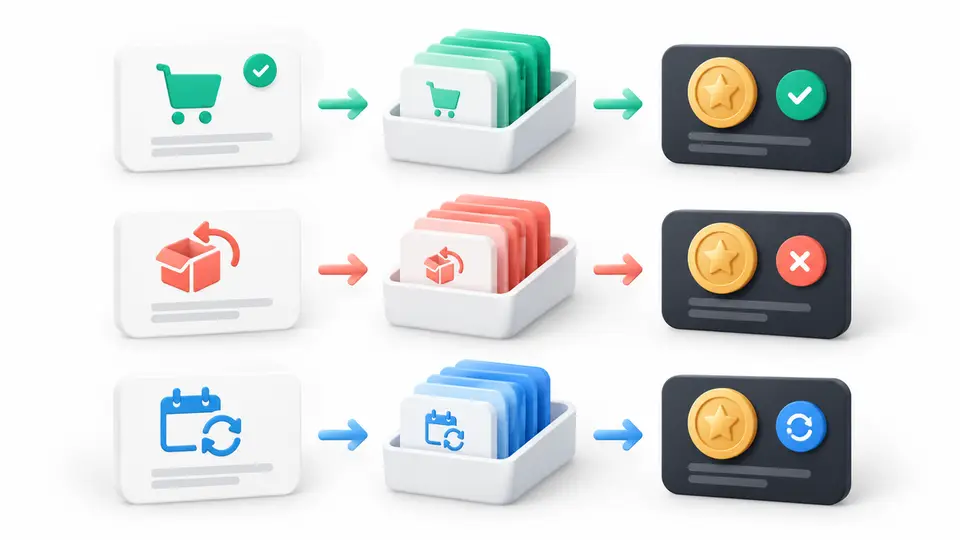 Ecommerce order, refund, and renewal events move through matching affiliate records