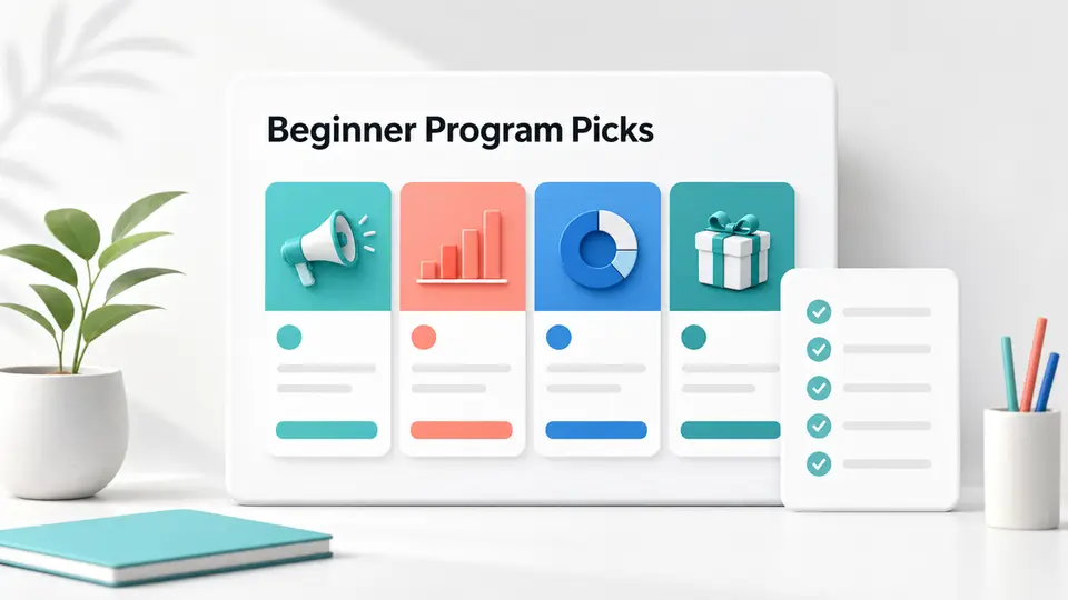 Best affiliate programs for beginners shown as clean program cards and a starter checklist