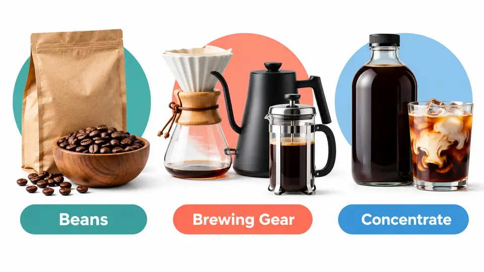 Coffee products grouped into beans, equipment, and concentrate for creator content