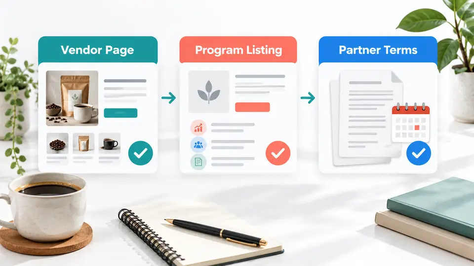 A coffee publisher checking official terms, directory data, and a partner account