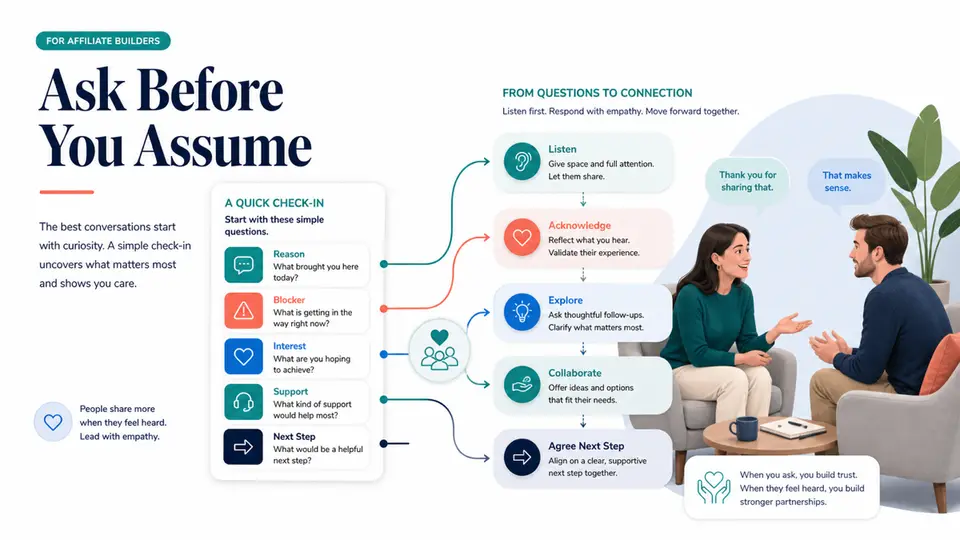 Dormant partner survey questions mapped to listening, empathy, exploration, collaboration, and a next step