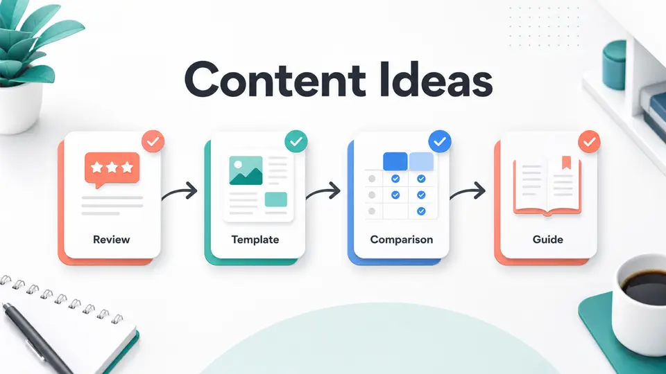 Content ideas graphic for review, template, comparison, and guide formats