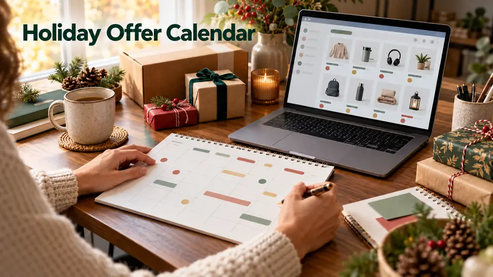 A publisher reviews a holiday promotion calendar beside product offers on a laptop