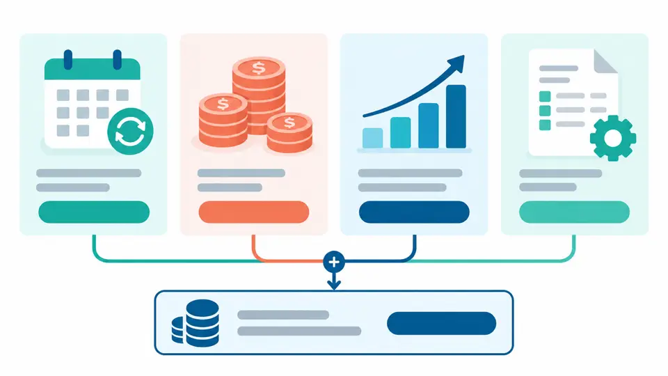 A pricing worksheet separates subscription, partner payouts, usage fees, and optional services