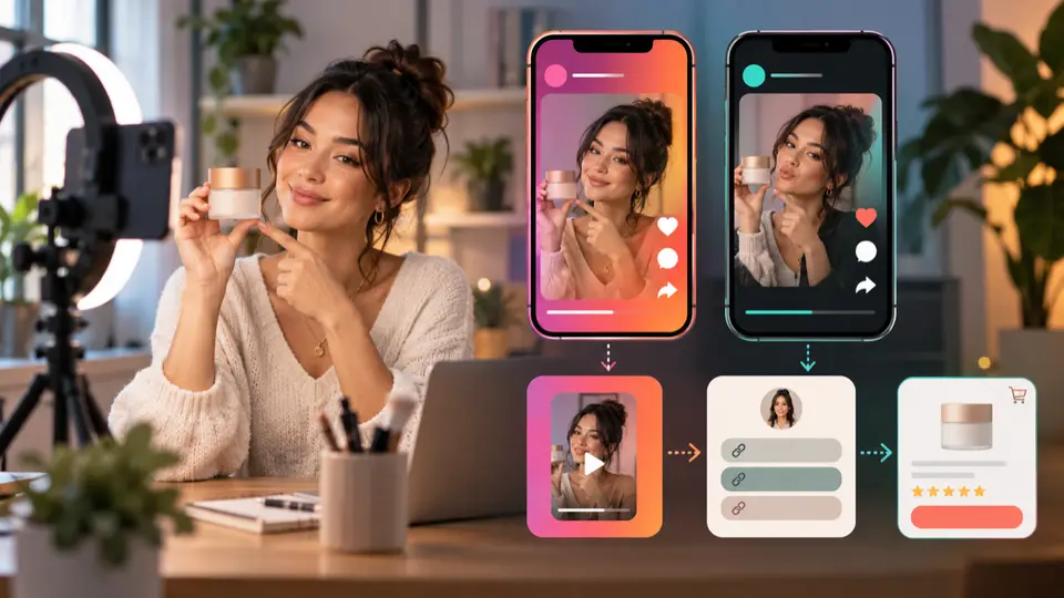 Instagram vs TikTok affiliate link funnel comparing creator profiles, product tags, and tracked checkout paths