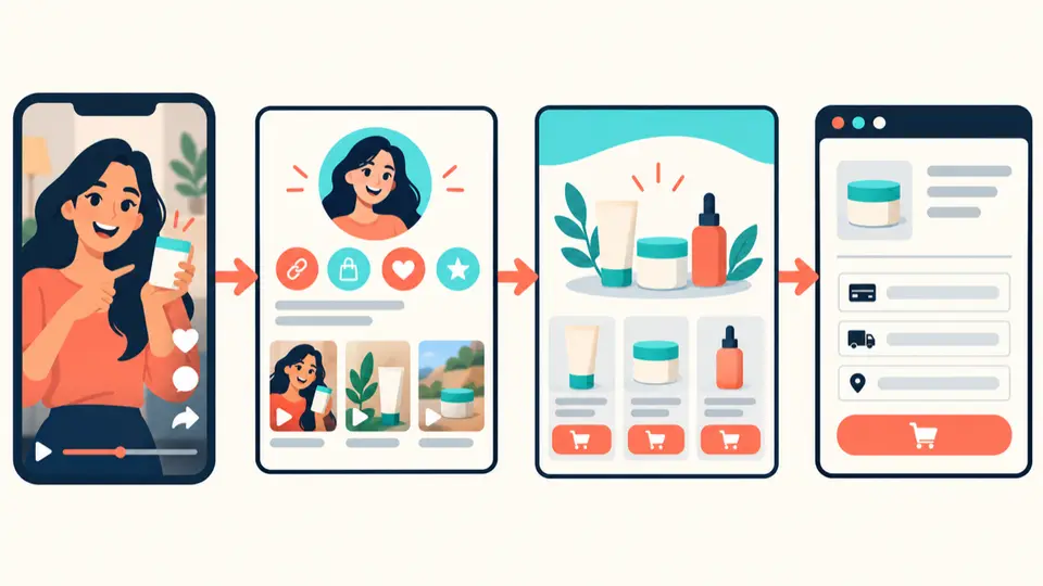 Four steps from creator video to profile page, comparison, merchant, and checkout