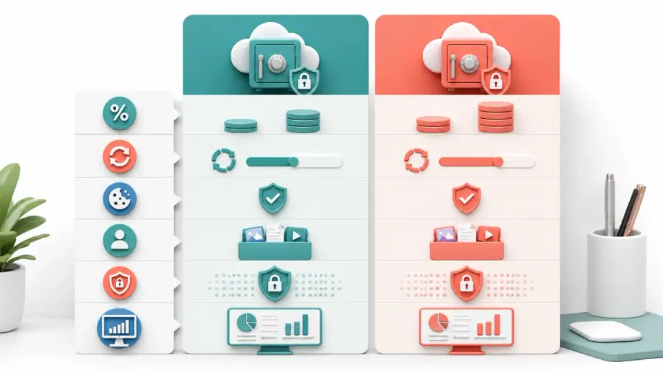 Cloud storage affiliate terms matrix showing commission basis, renewal, cookie, payout, and unknown fields