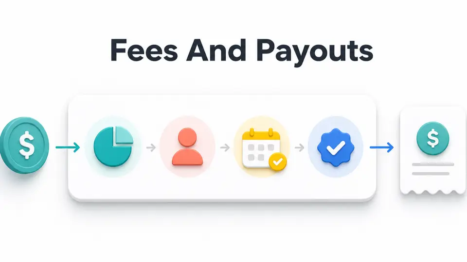 Affiliate sale fee and payout workflow with commission review, hold timing, and payout confirmation