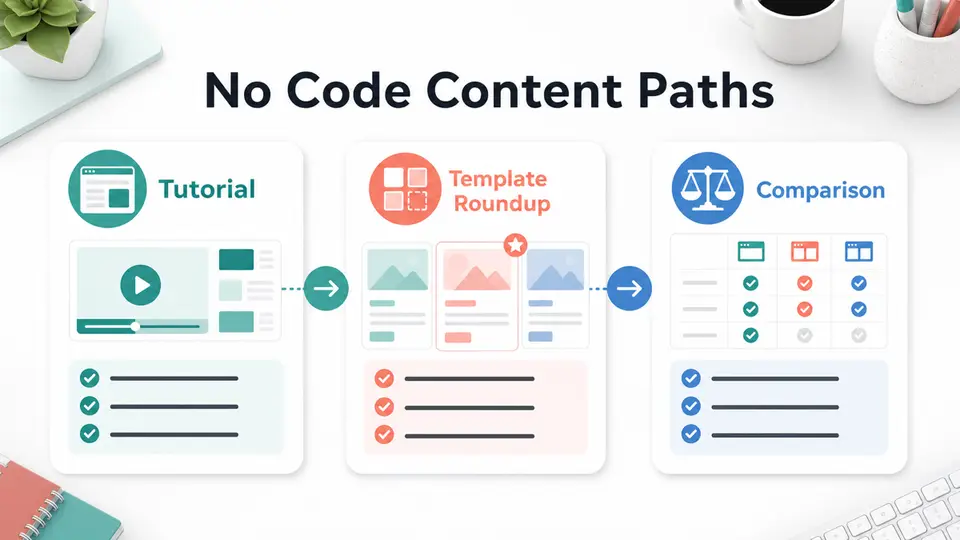 No code content paths graphic showing tutorial, template roundup, and comparison content routes