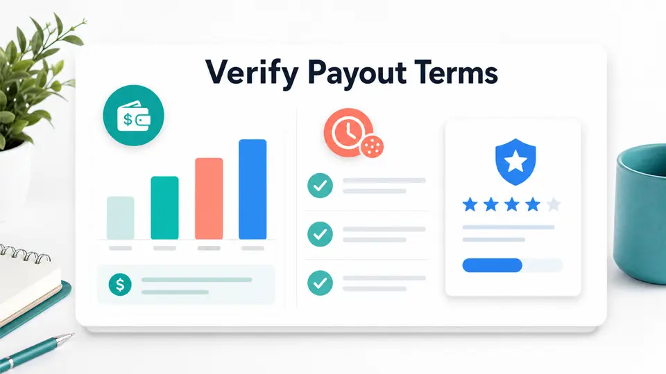 Verification graphic for podcast affiliate offers covering payout, cookie, approval, and source checks