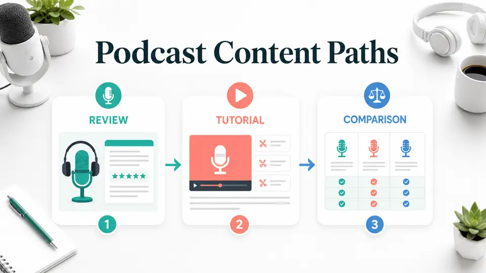 Podcast content paths graphic showing review, tutorial, and comparison routes for affiliate content