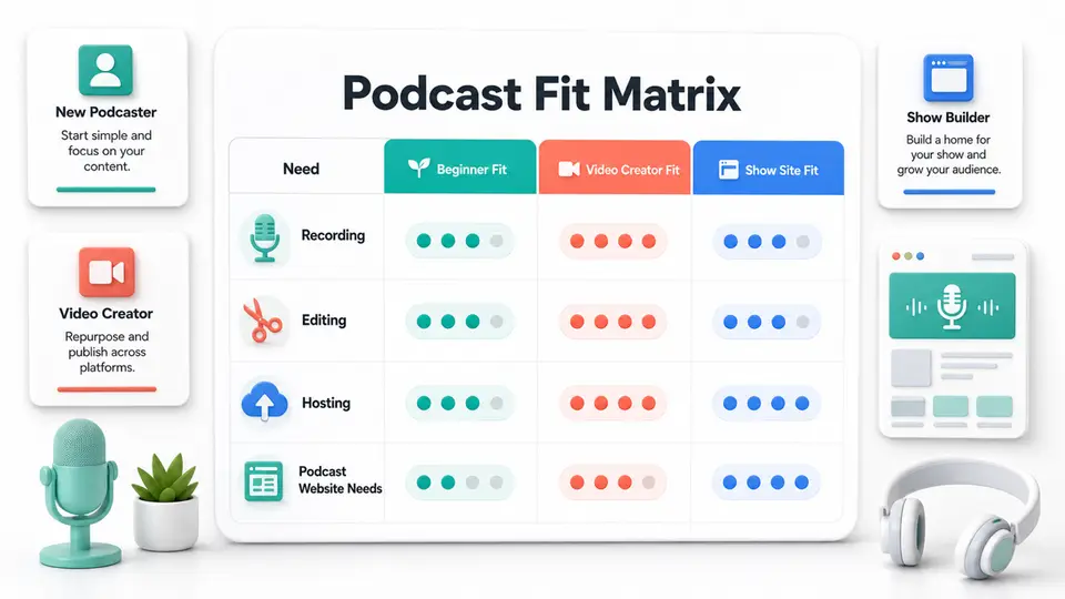 Podcast software fit matrix for recording, editing, hosting, and show website needs