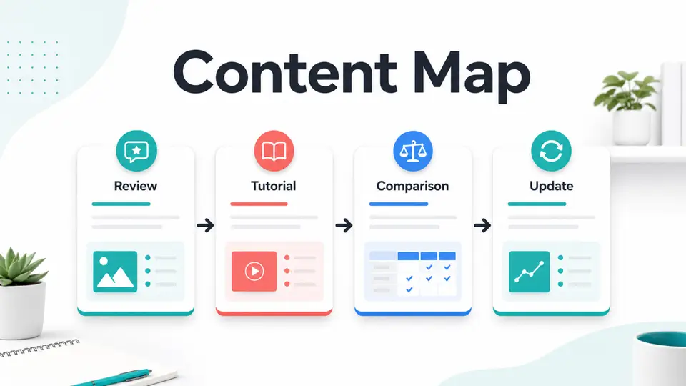 Content map graphic showing review, tutorial, comparison, and update paths