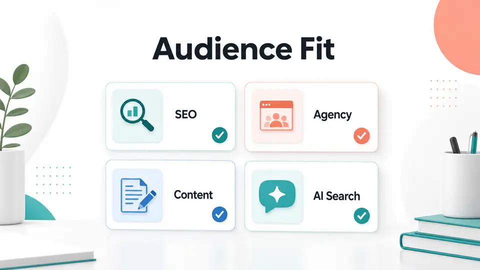 Audience fit card graphic for SEO, agency, content, and AI search publishers