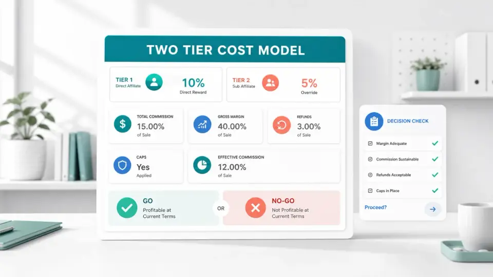 Two tier affiliate commission cost calculator with direct and upline rewards