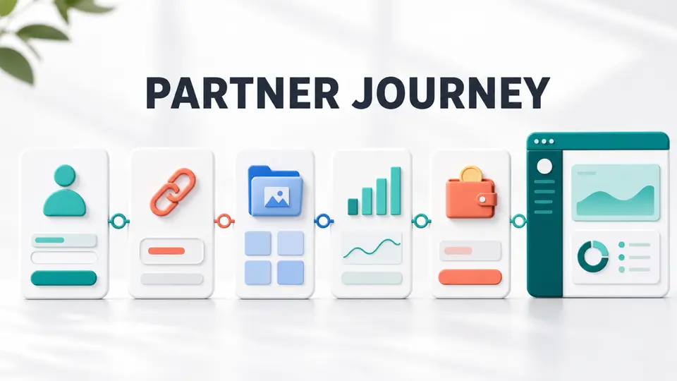Branded affiliate portal workflow from partner signup through links assets reporting and payouts