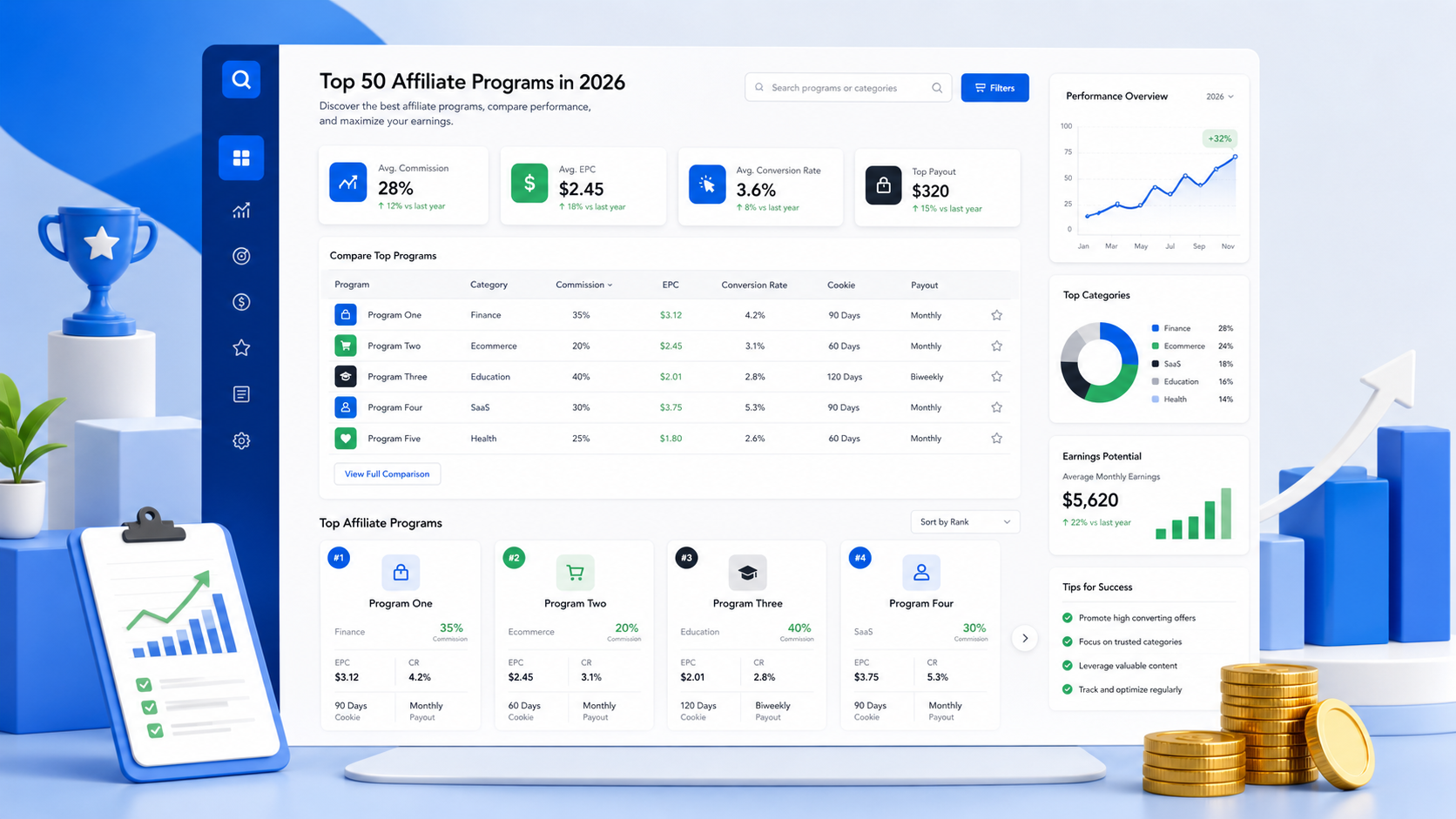 Top 50 affiliate programs dashboard